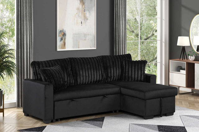 main view of Nori black upholstered sectional sofa with pull-out bed