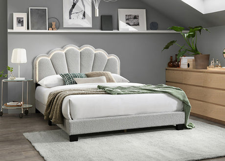 Gul grey upholstered king platform bed angled side view