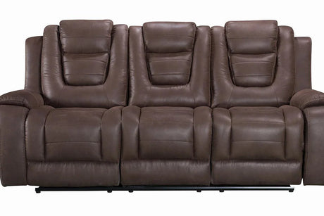 Galaxy Brown Reclining Upholstered Sofa front view showing tufted cushions and metal legs