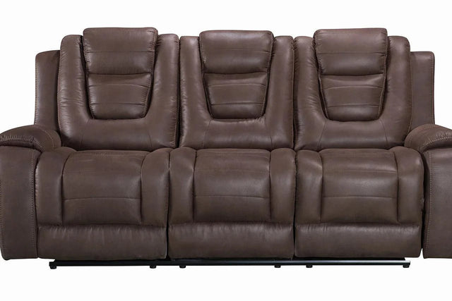 Galaxy Brown Reclining Upholstered Sofa front view showing tufted cushions and metal legs