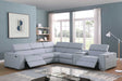 Picasso sectional sofa in light blue with power recliners and headrests, angled front view