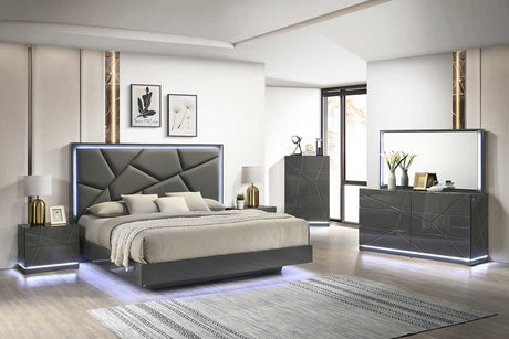 Lily Gray LED Upholstered Panel King Bed, front angle