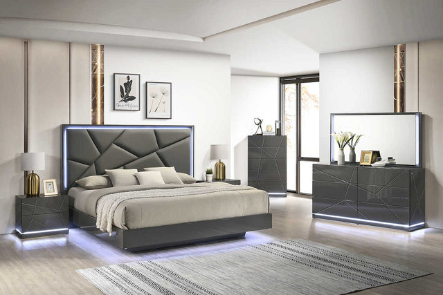 Lily Gray LED Upholstered Panel King Bed, front angle