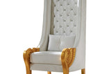 Throne White accent chair close-up of white fabric and gold trim