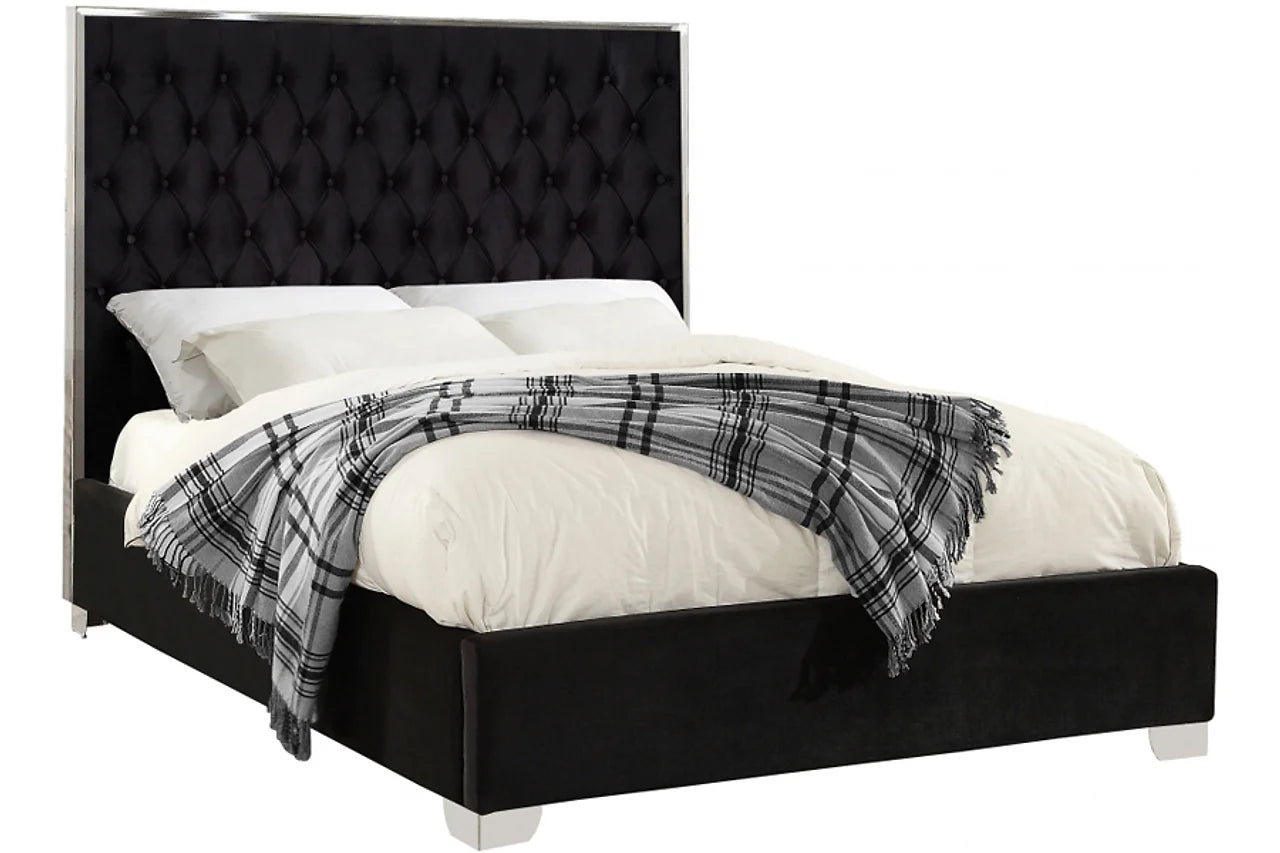 Rose Black Velvet Upholstered Platform King Bed close-up detail of velvet upholstery and chrome accents