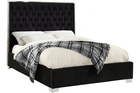 Rose Black Velvet Upholstered Platform King Bed close-up detail of velvet upholstery and chrome accents