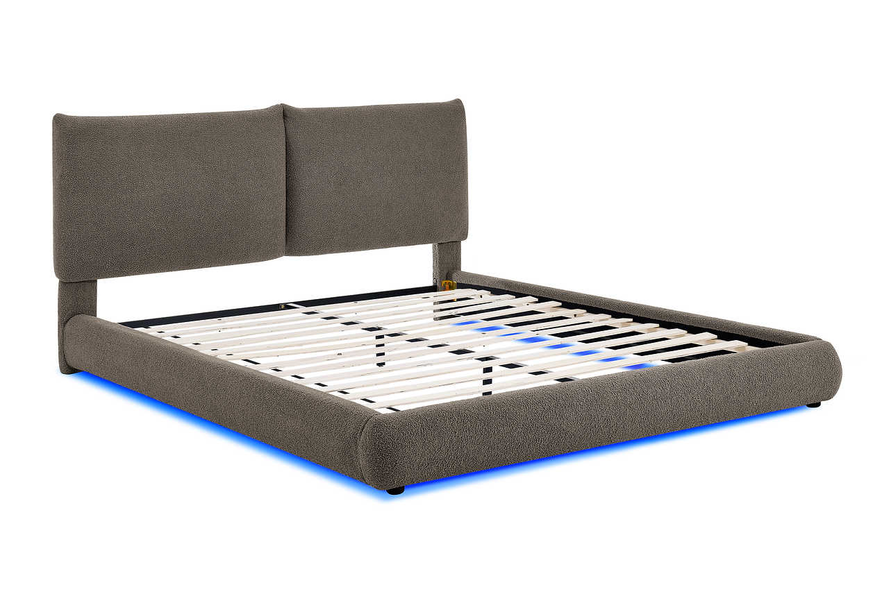 Bedroom setting featuring Zima brown LED upholstered bed