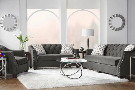 Front view of Bing Ash Grey Fabric Tufted Sofa and Loveseat Set