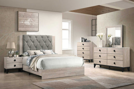 Giza Light Gray Upholstered Tufted Panel Bedroom Set main view of queen bed