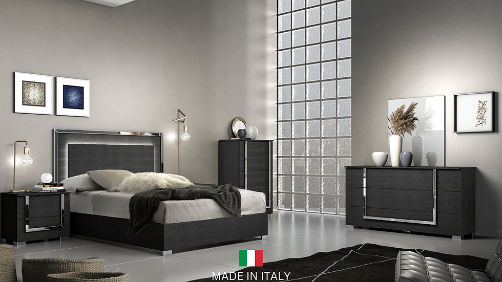 Antonella Black Modern Contemporary High Gloss Lacquer Wood LED Italian Bedroom Set - Front view