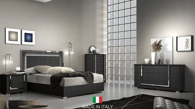 Antonella Black Modern Contemporary High Gloss Lacquer Wood LED Italian Bedroom Set - Front view