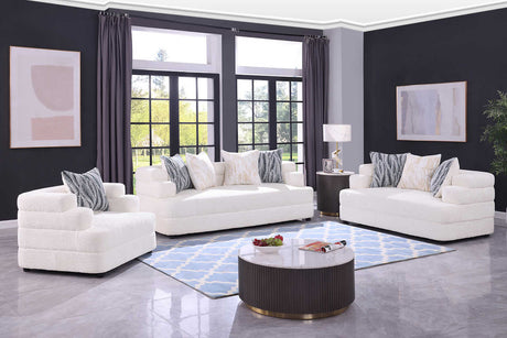 Stepso Cream Boucle Living Room Set front angle view of sofa, loveseat, and chair