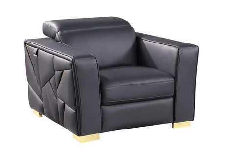 Living room set with Astra dark navy leather sofa, loveseat, and chair arranged