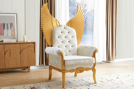 Lucifur white fabric accent chair with gold detailing front angle