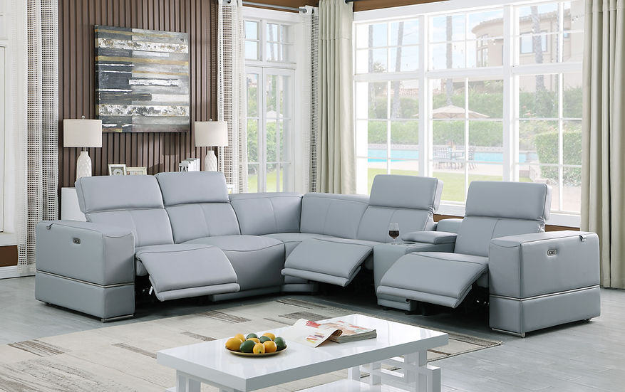 Franco light blue Italian leather sectional sofa angled view
