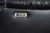 Black sectional sofa showing power recliner control