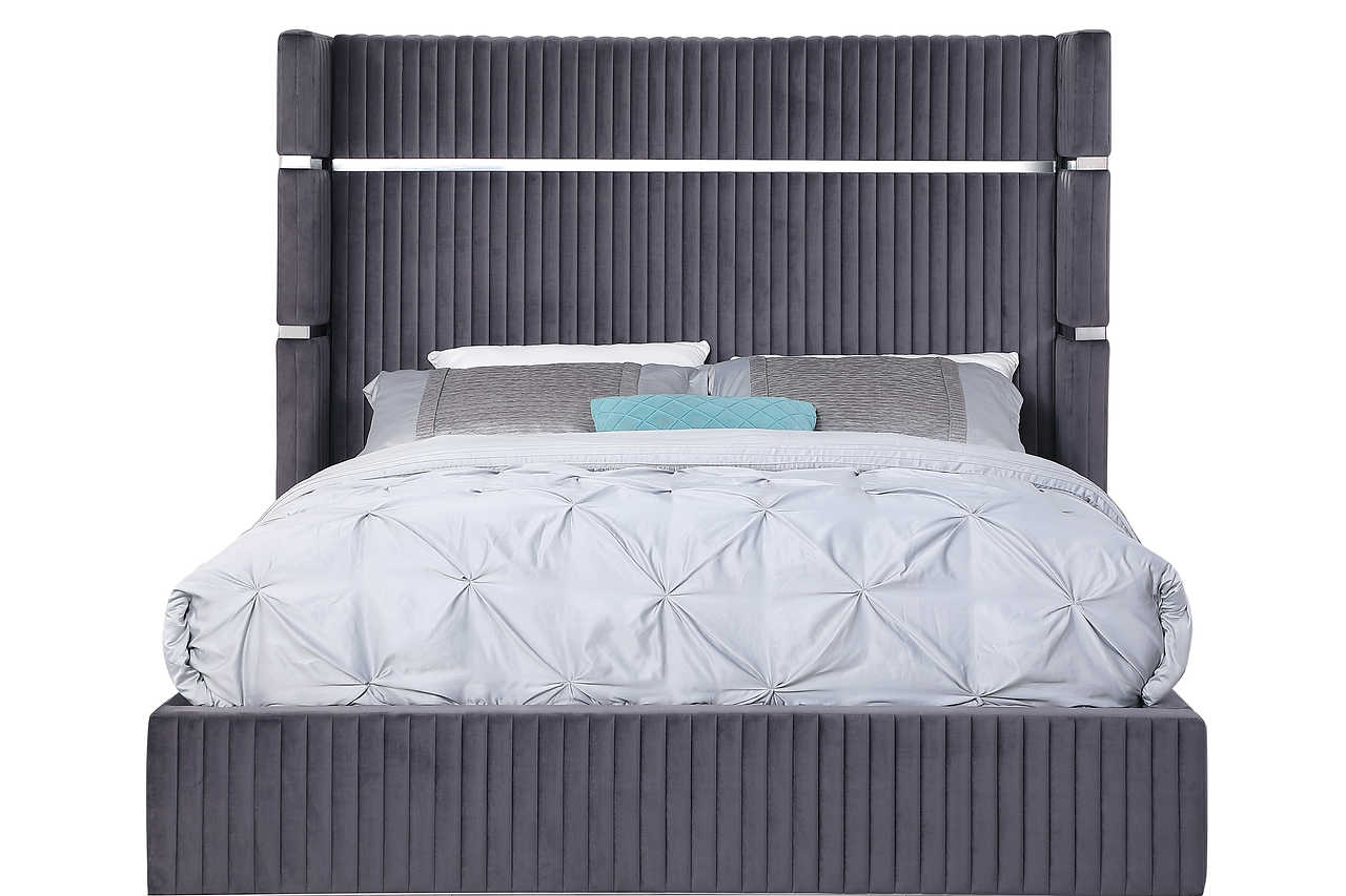 Side view of Aspen velvet upholstered queen platform bed