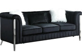 Side angle of Fara Black Velvet Sofa and Loveseat with silver legs