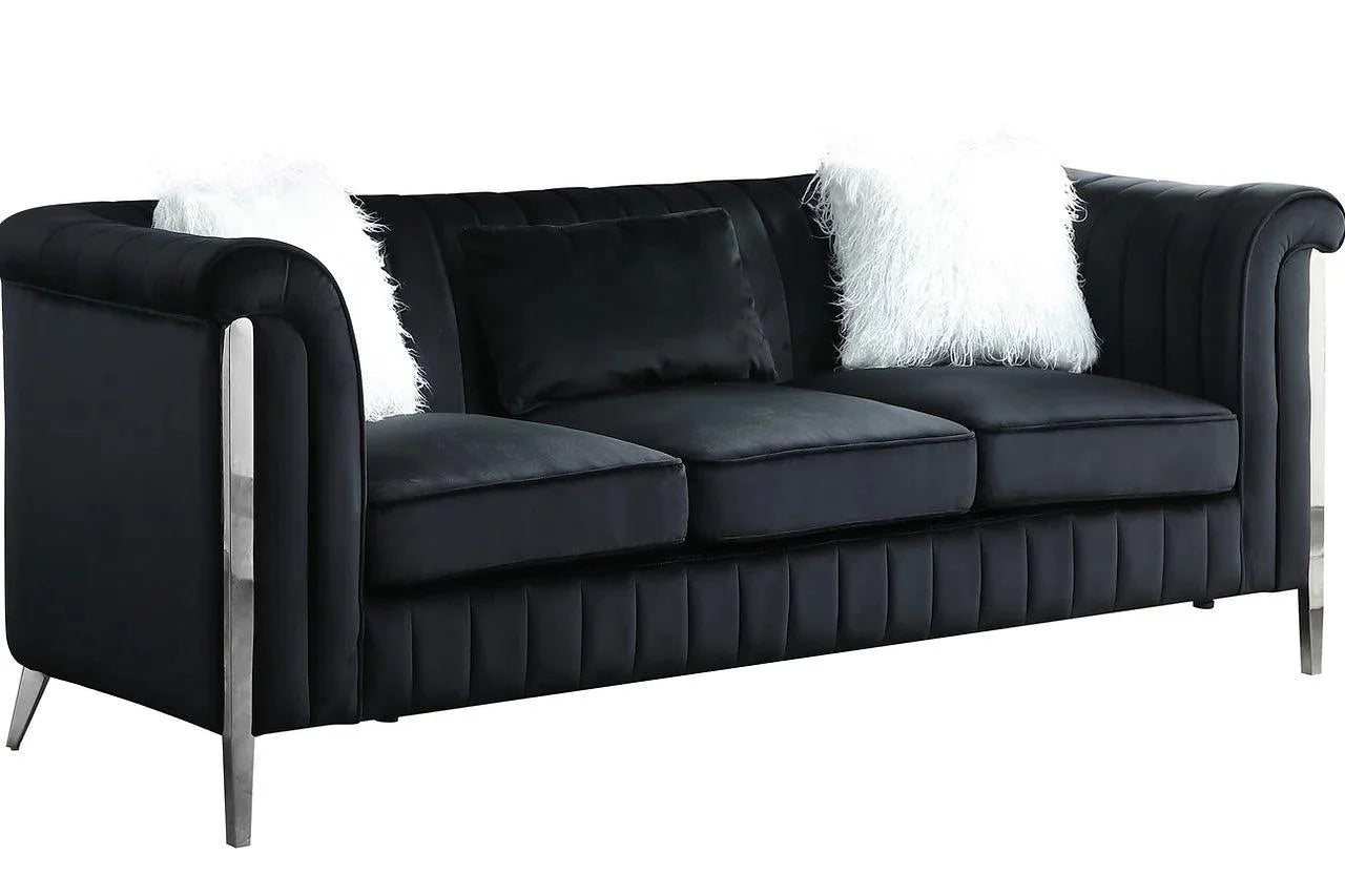 Side angle of Fara Black Velvet Sofa and Loveseat with silver legs