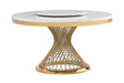 Top view of Unico white marble-like dining table with gold base