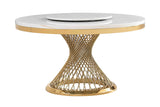 Top view of Unico white marble-like dining table with gold base