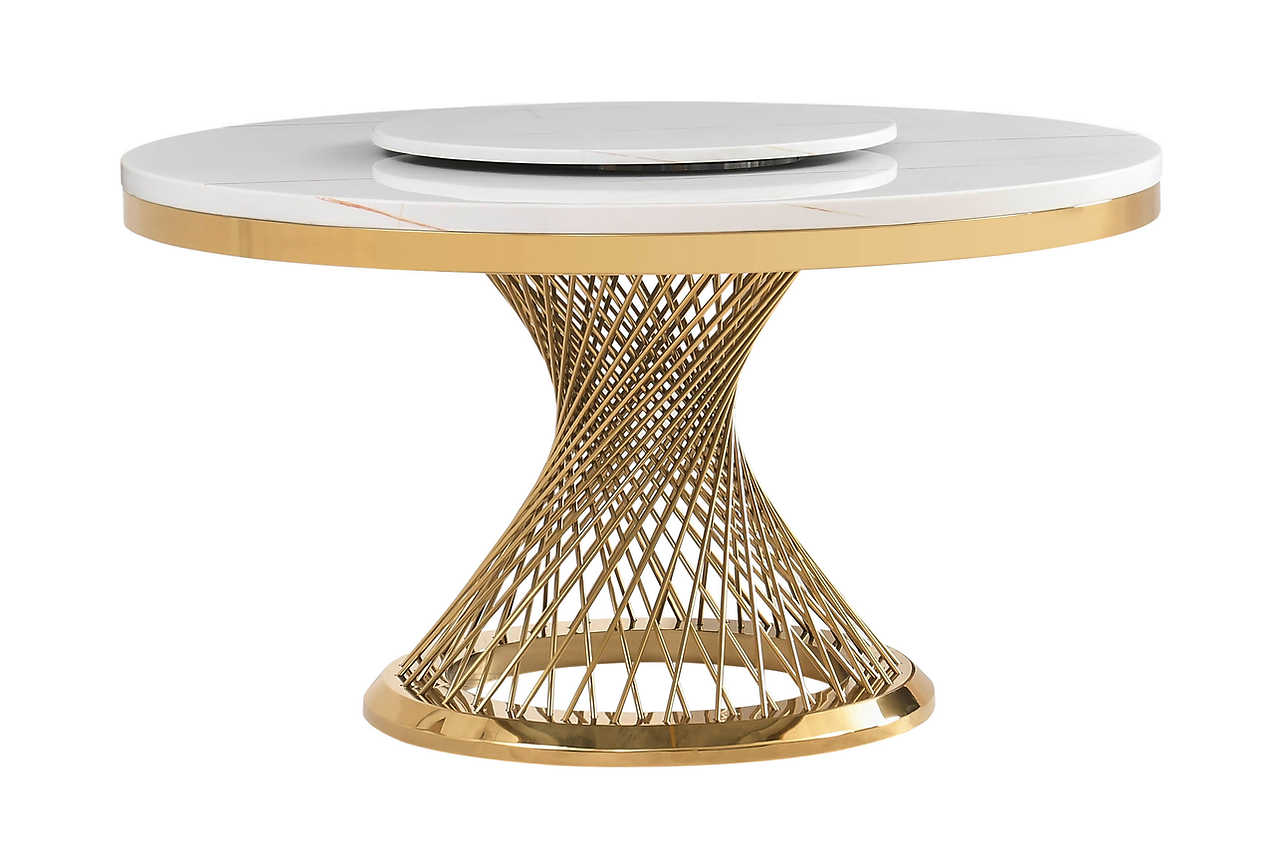 Top view of Unico white marble-like dining table with gold base
