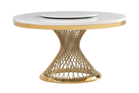 Top view of Unico white marble-like dining table with gold base