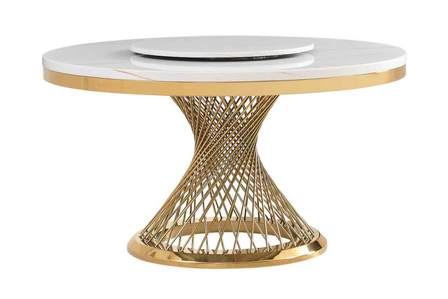 Top view of Unico white marble-like dining table with gold base