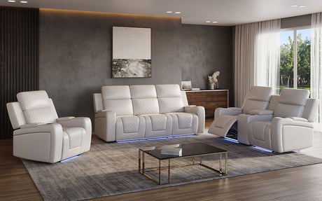 Bomer white 3-piece power reclining set showing sofa, loveseat, and recliner in air leather