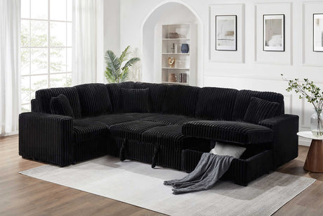 Front view of Raha Black Storage Sectional Sofa with Pull-Out Bed