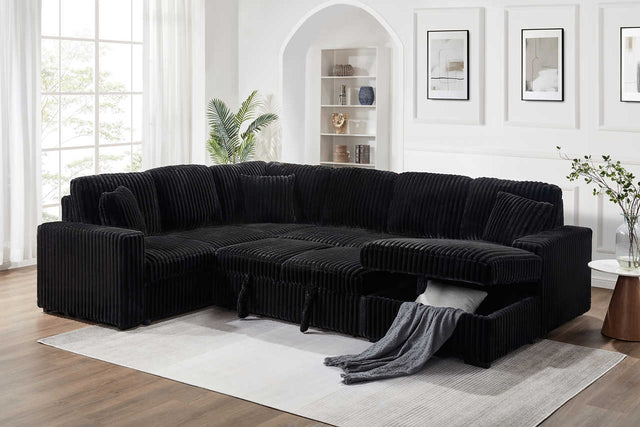 Front view of Raha Black Storage Sectional Sofa with Pull-Out Bed