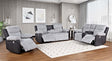 Lexy gray microfiber reclining sofa showing sofa, loveseat and recliner in two tone upholstery