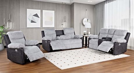 Lexy gray microfiber reclining sofa showing sofa, loveseat and recliner in two tone upholstery