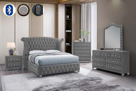 Divina Gray Upholstered Tufted Wingback Bedroom Set bed front view