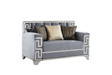 Front angle of Hira Grey sofa and loveseat