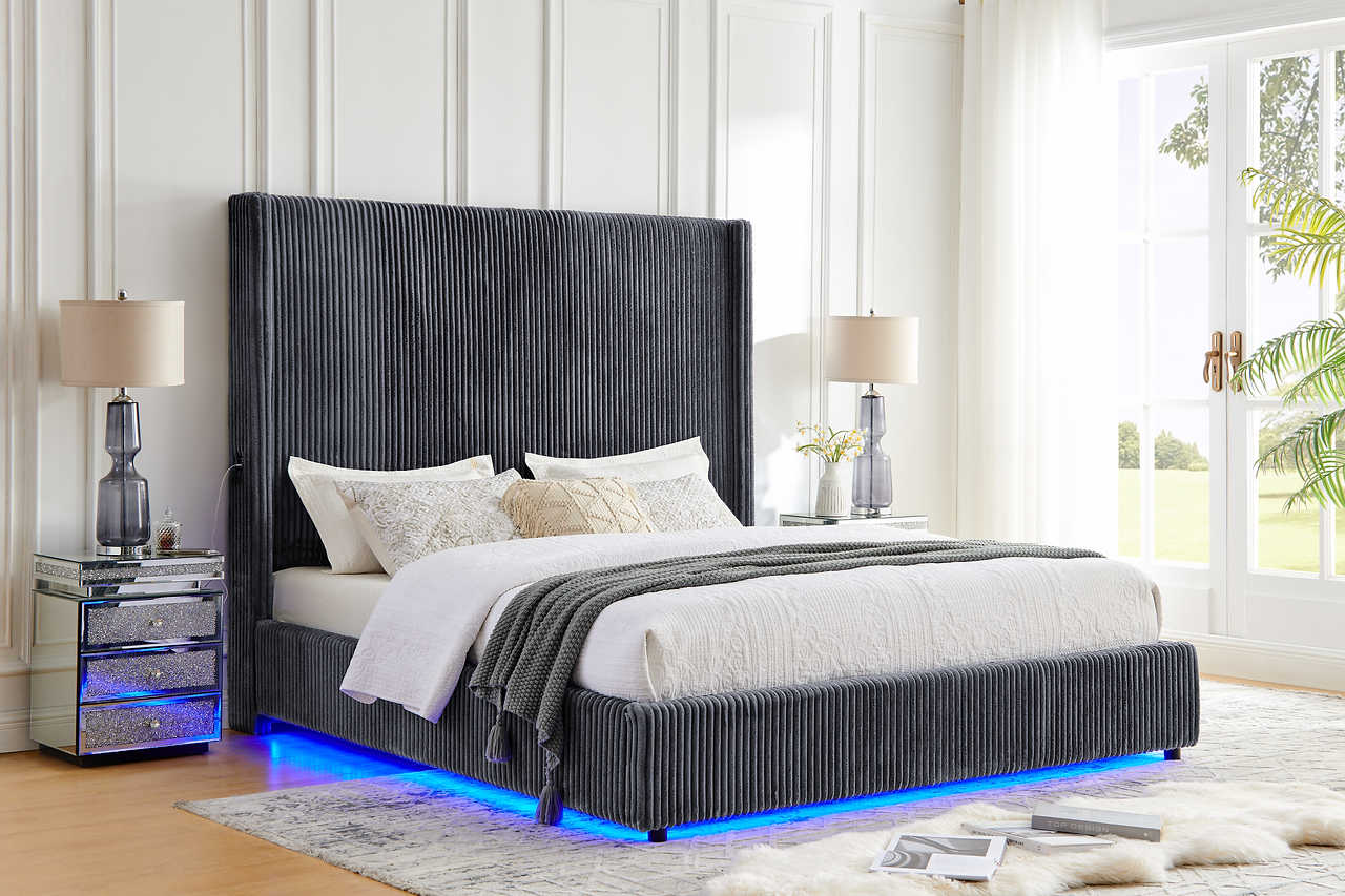 Side view of Belinda grey upholstered platform bed