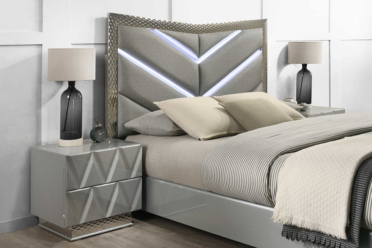 side view of Vera Gray Upholstered LED Platform Bedroom Set bed