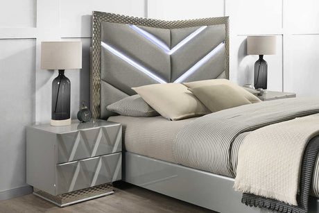 side view of Vera Gray Upholstered LED Platform Bedroom Set bed