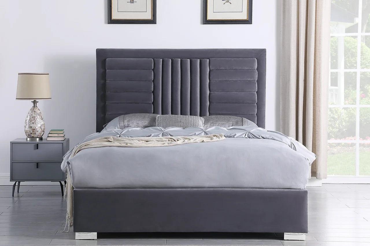 Anita Grey Upholstered Platform King Bed angled corner view