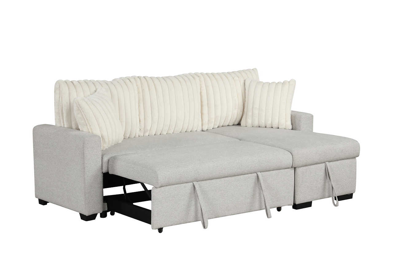 Close-up detail of Nori beige upholstery on sectional sofa