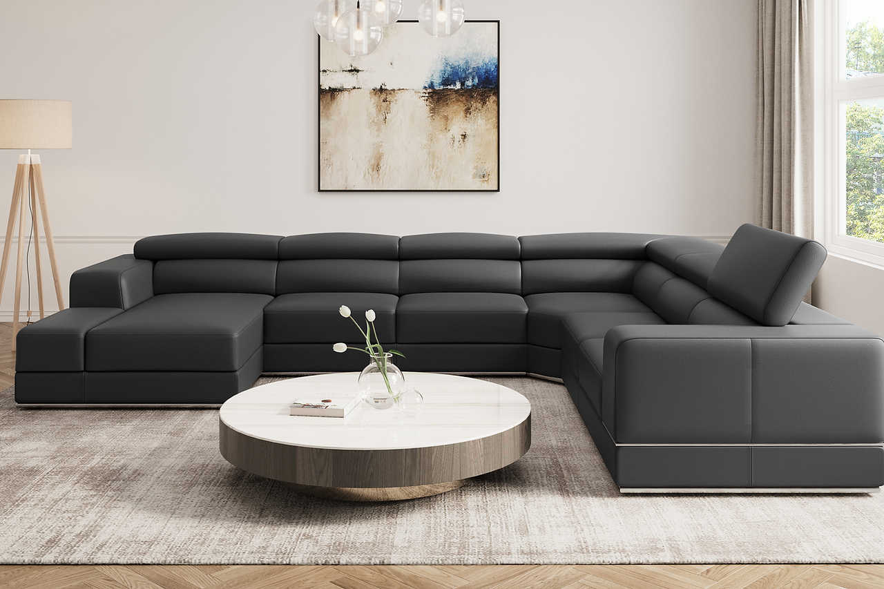 Pella Dark Gray Leather Left-Arm-Facing Sectional Sofa side view