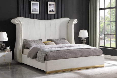 Luna Cream Velvet Upholstered Wingback Platform Queen Bed front view