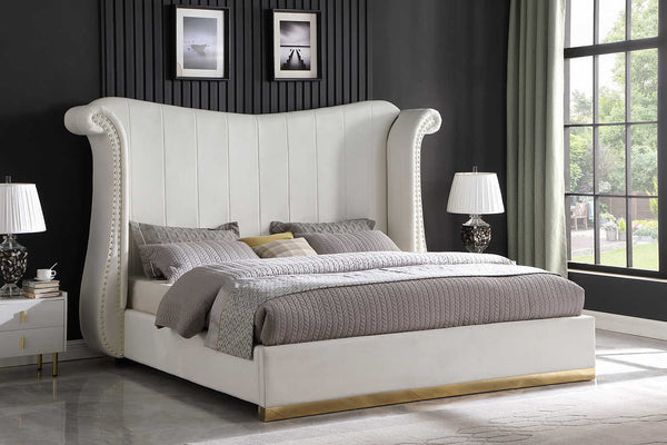Luna Cream Velvet Upholstered Wingback Platform Queen Bed front view