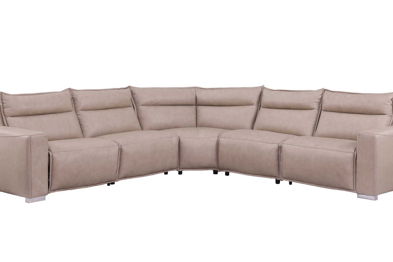 Close-up of beige Italian leather upholstery on Sierra sectional