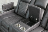 Armrest storage and power controls on reclining sofa