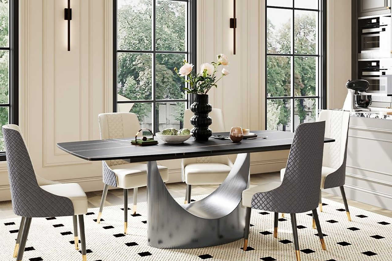 Side angle of Lexi dining table showcasing U-shaped carbon steel base