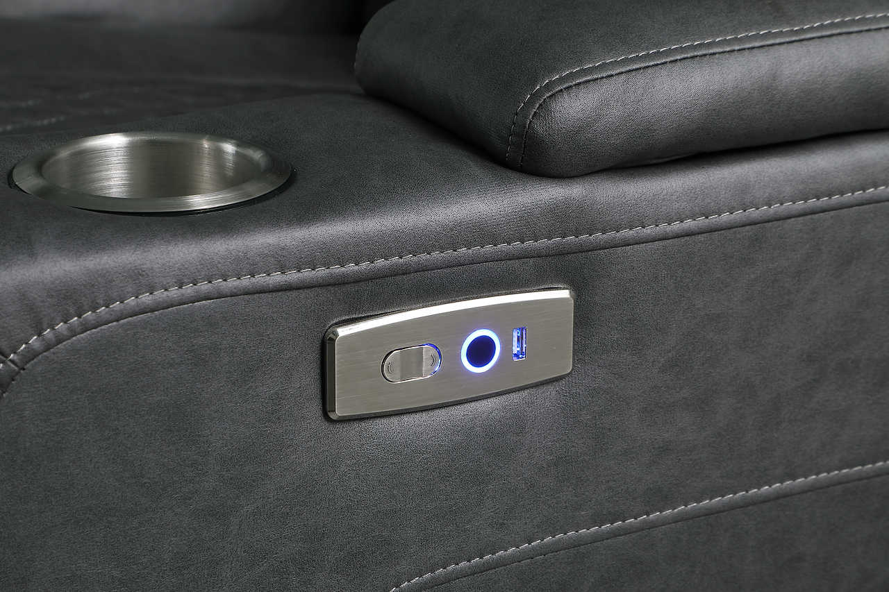 Full set shot of ash grey microfiber power reclining sofa and loveseat