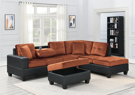 Front view of Grand Parkway light brown velvet sectional sofa with storage ottoman