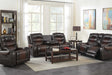 Phoenix brown faux leather reclining sofa with cupholders angled view