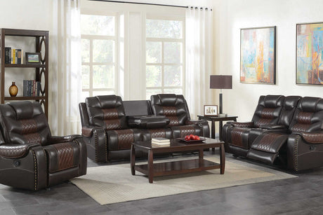 Phoenix brown faux leather reclining sofa with cupholders angled view